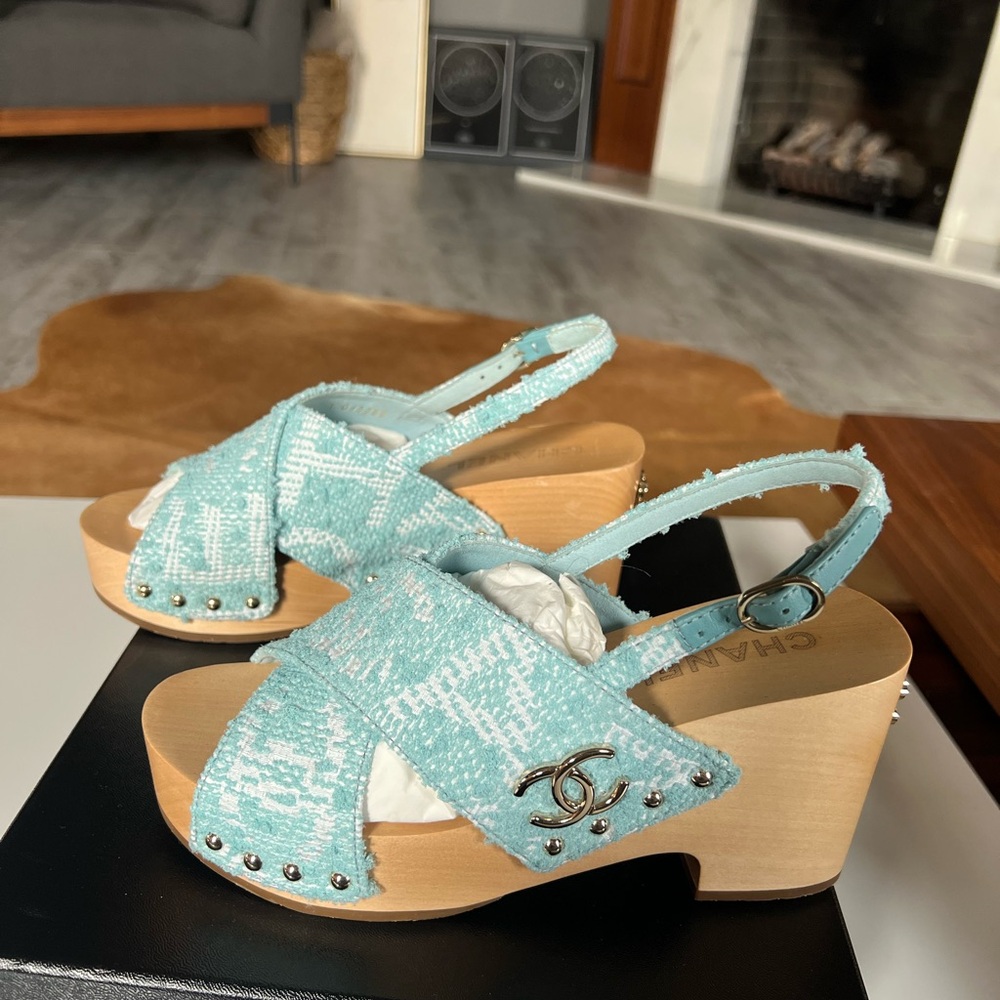 Chanel Blue Criss-Cross Sandals with Quilted Straps